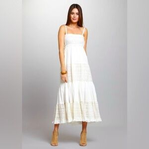 A’Reve Anthropologie Ivory Ruched Lace Maxi Dress